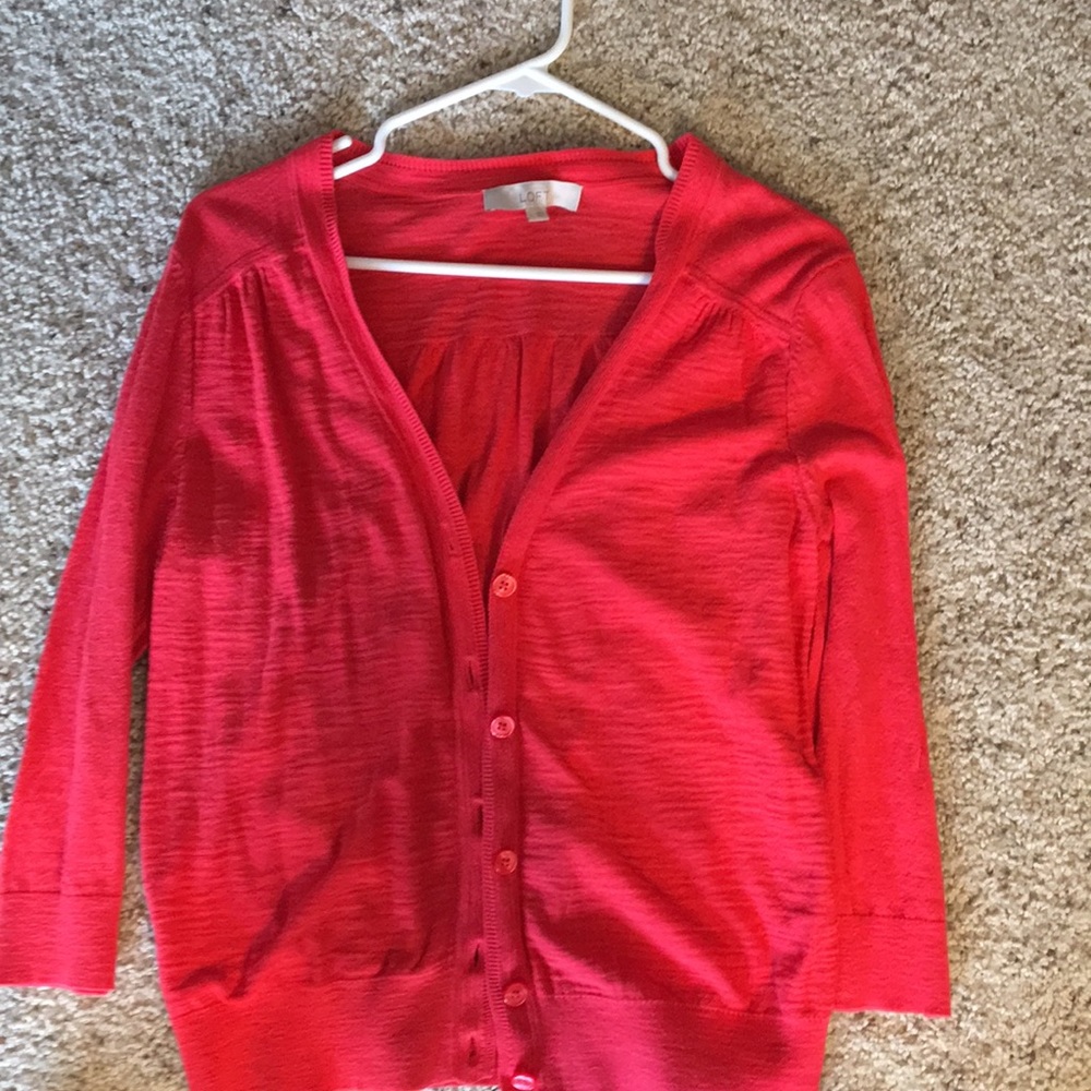 Coral colored LOFT button up sweater.